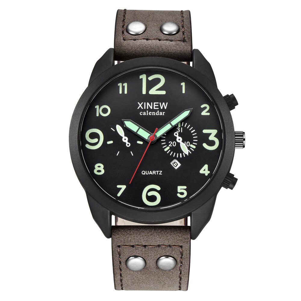 Xinew Men Watch Leather Strap Band Date Quartz Wrist Watch Round Dial For Men Roman Men's Watches Outdoor Clock