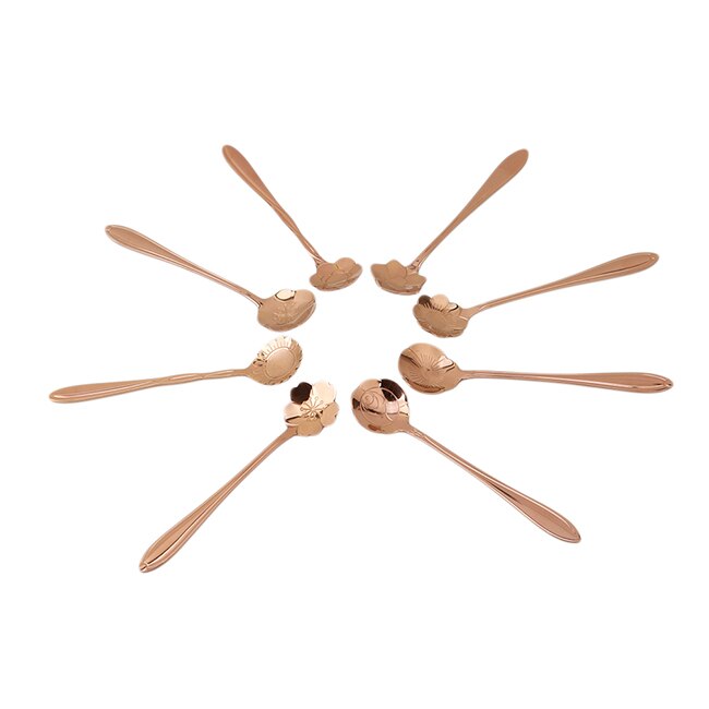 8pcs/set Tea Stainless Steel Coffee Spoon Cherry Blossoms Teaspoons Ice Cream Sugar Flatware Sliver Gold Kitchen Tableware Tools: rose gold