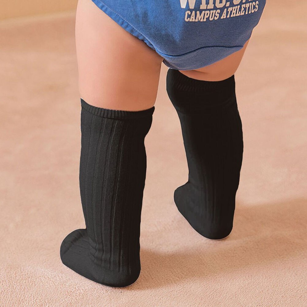 Brand Populaire baby peuter katoen knie hoge kousen warm kousen Solid Candy Kleur Rib Leggings Warmer 0-3Y: Black / 0 to 1T