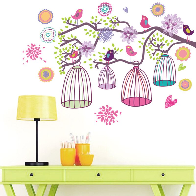 Kvist fuglebur wallsticker til børn babyværelser stue soveværelse baggrund dekorationer tapet børnehave aftagelige klistermærker