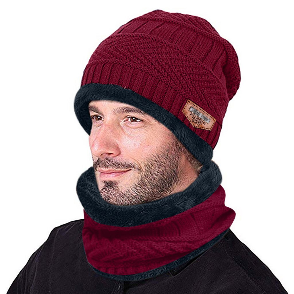 Vinter strikket hue tørklæde sæt til mænd tyk fleece varm hue hat tørklæde sæt solid strik vindtæt udendørs ski cap ring tørklæde