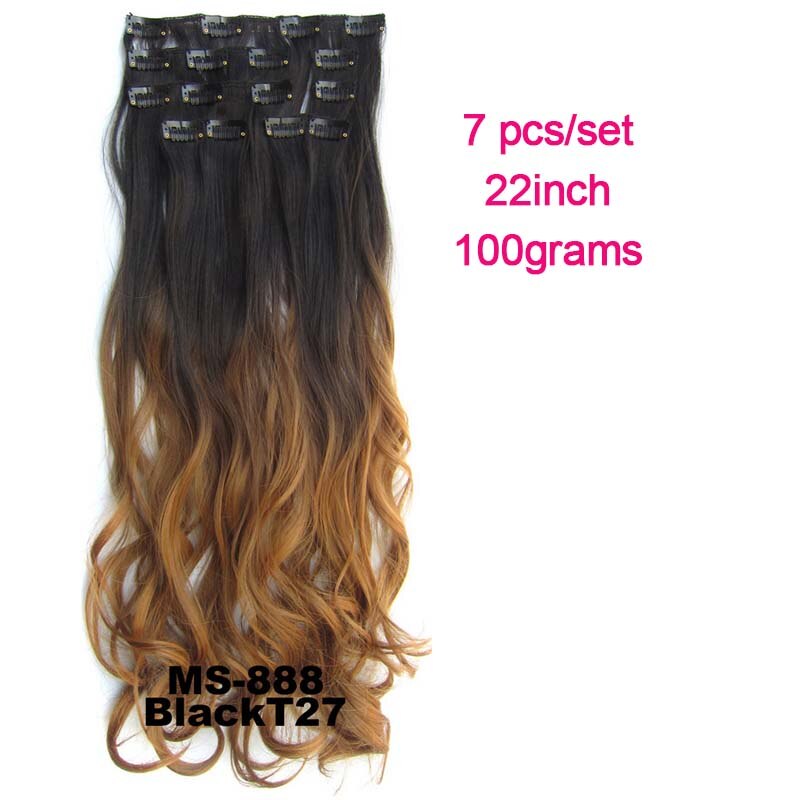 Extensiones de pelo sintético ondulado 7 unids/set, Clip de 22 pulgadas, 100g, Color negro, marrón, degradado postizo, resistente al calor: BlackT27