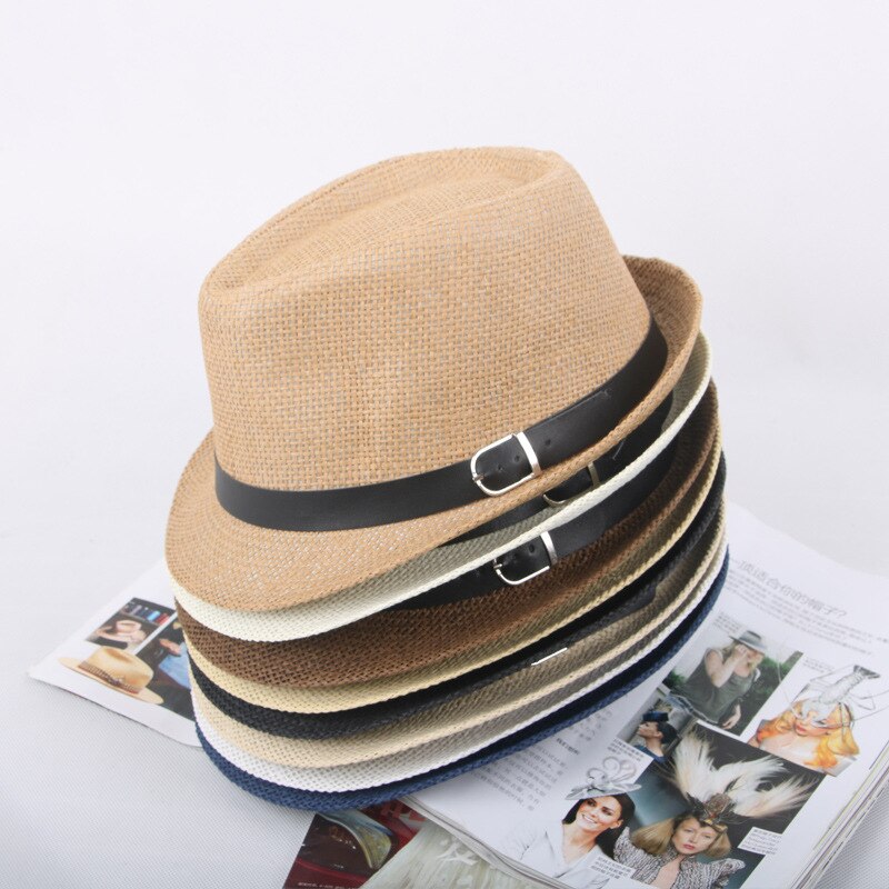 Jazz männer Hut Woven Stroh Sonnenschirm Hut Lässig Hut Gürtel Schnalle Strand Hut Stroh Sonnenhut Weiß Hochzeit Schwarz Gürtel frauen Fedoras Gorro