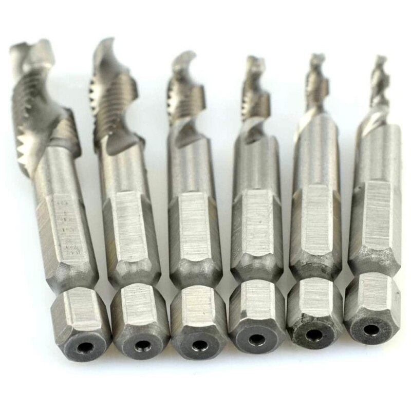 6pcs M3-M10 Screw Tap Drill Bits HSS Taps Countersink Deburr Set Metric Combination Bit 1/4Inch Hex Shank Quick Change