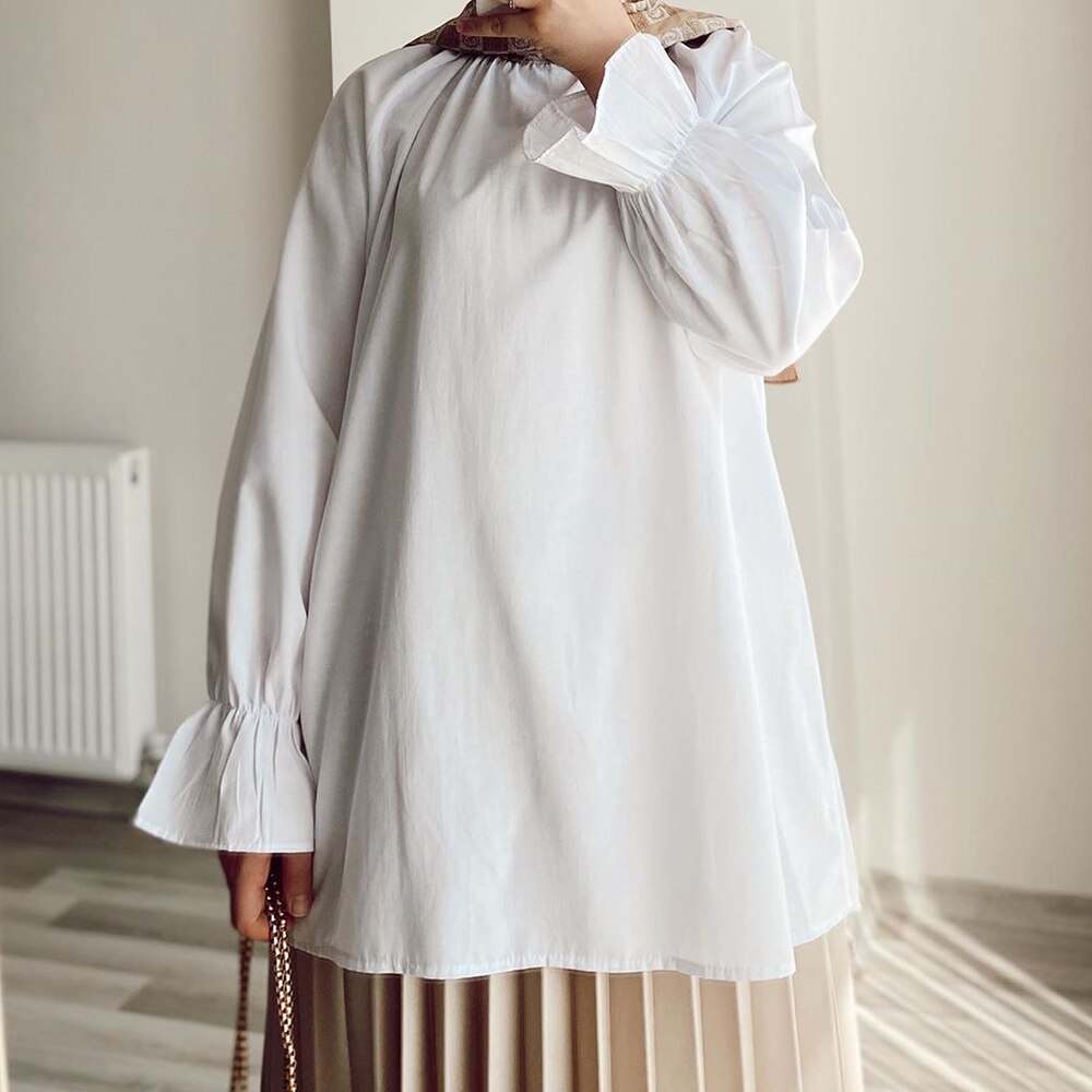 Siskakia-Camisa blanca de cuello alto para mujer, camisa de manga larga acampanada, suelta e independiente, Tops turcos árabes,