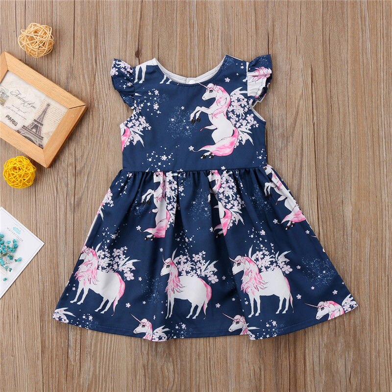 Vestido de verano con estampado de unicornio y mangas con volantes para niñas pequeñas