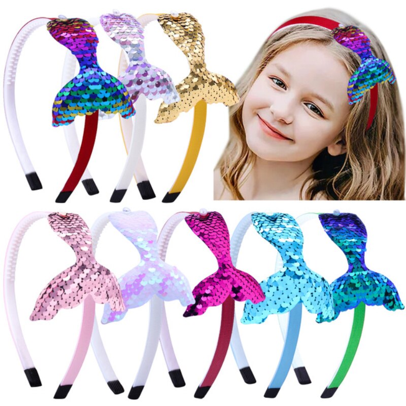 Kinder Neue Stirnband Meerjungfrau Headwear Pailletten Haar Zubehör Schwanz Flip Fisch Skala Perle Non-slip Stirnband