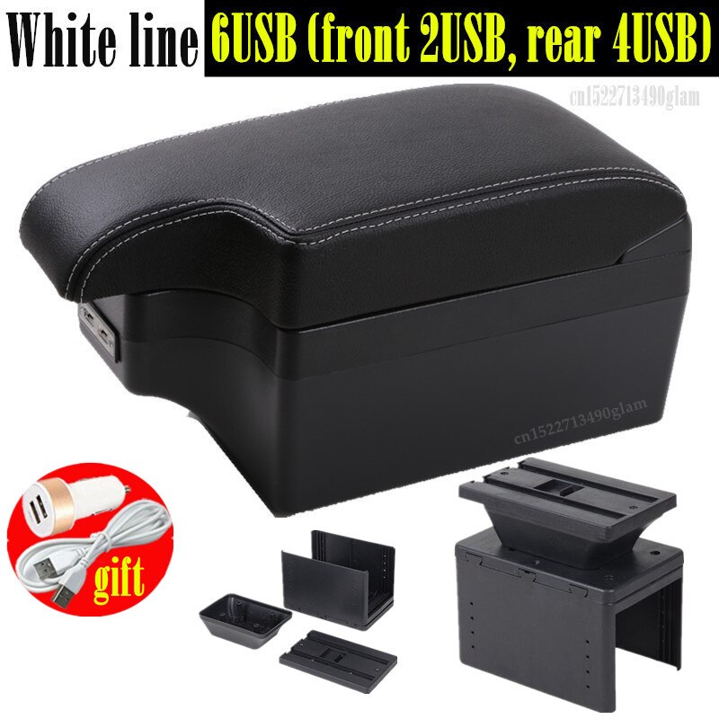 Universal Car Armrest central Universal model armrest box car accessories storage box modification Retrofit parts with USB LED: Full set  white line