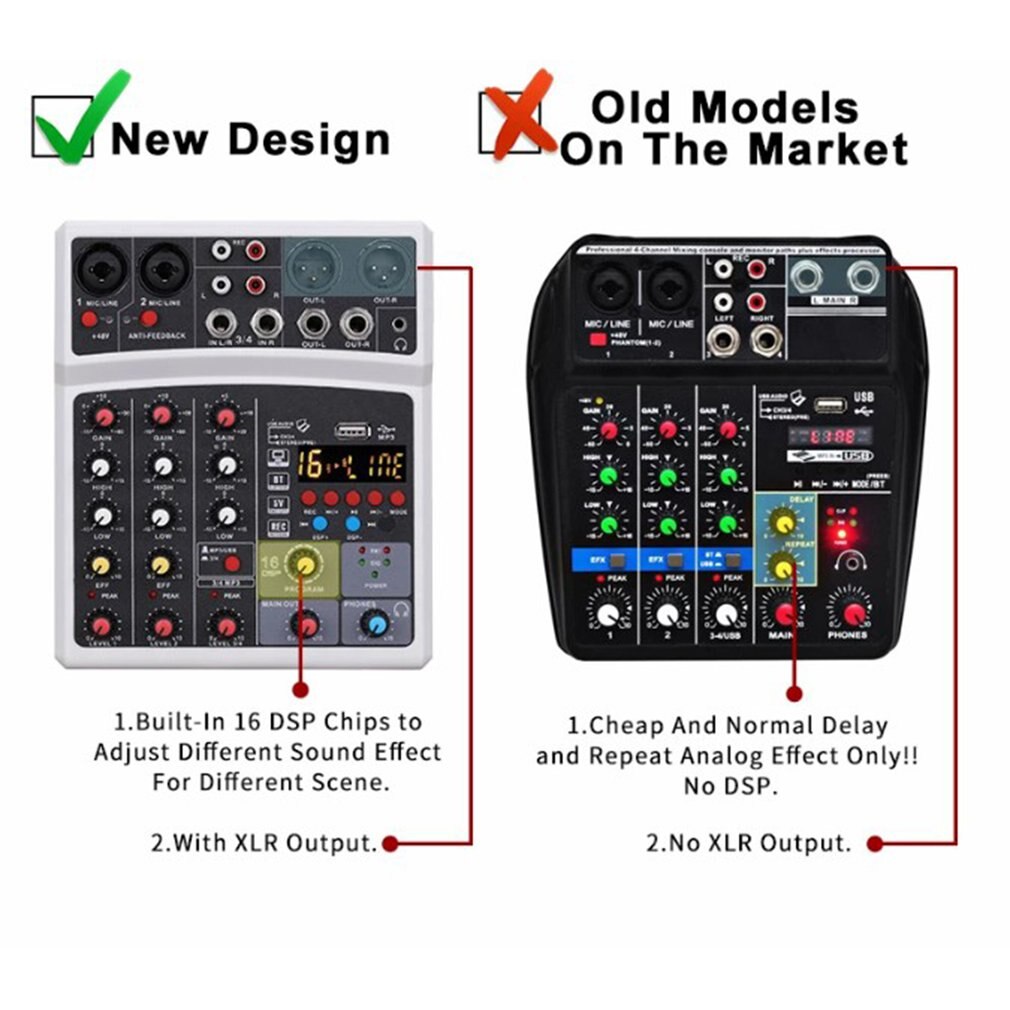 Tragbares mini-audio-dj-mixer-pult mit 4- kanälen, soundkarte, usb , 48v und phantomspeisung für pc-aufnahmen, gesang, webcasts und partys