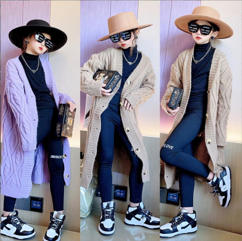 Herfst Losse Lange Mouwen Trui Kinderen Mode Lange Bovenkleding Outfit Meisje Gebreid Vest Kids Trui 4-14Y WZ460