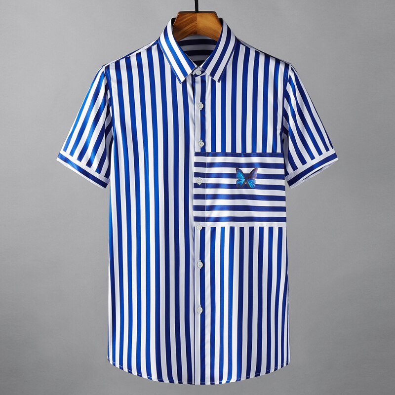 Minglu Tencel Männlichen Hemden Luxus Kurzarm Schmetterling Druck lässig Mens Kleid Hemden Sommer schlank passen Streifen Mann Hemden 4XL