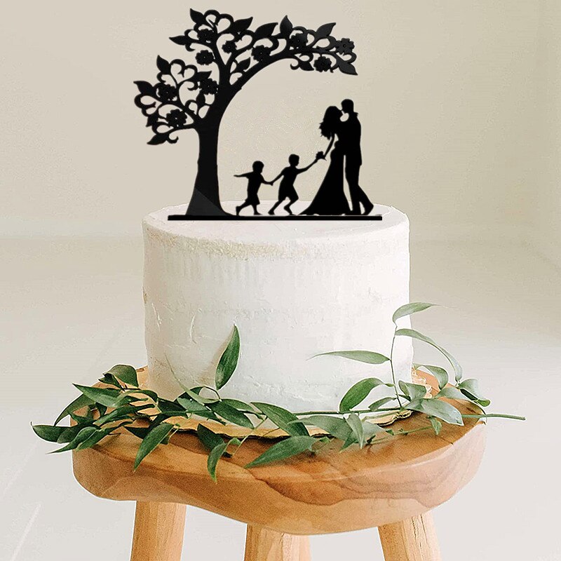 Coppia di topper torta anniverario matrimonio stile albero con 2 bambini sposa e sposo con animale domestico cane gatto ragazzi ragazze famiglia torta topper: XL / Kaki scuro