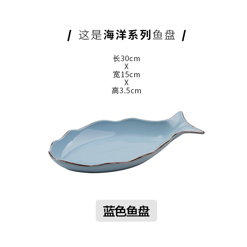 Nordic Ceramic Fish Plate Fish Shape Dish Steamed Fish Plate Suitable for Family Restaurants: Blue-A