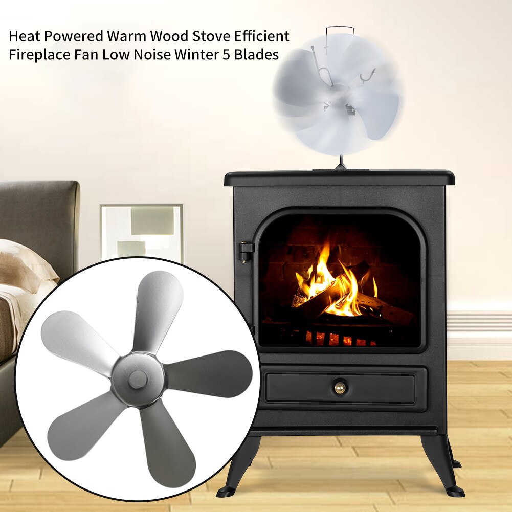 Household Low Noise Modern Burner Winter Heat Powered Warm Energy-Saving Aluminum 5 Blades Wood Stove Fireplace Fan Efficient: Silver