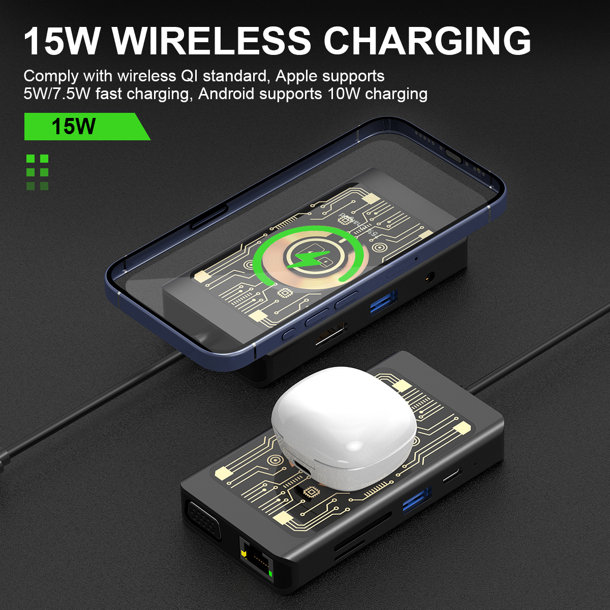 Base de carga inalámbrica multifuncional, estación de acoplamiento con cargador inalámbrico tipo C, Hub USB para expansión de teléfono/Pad/portátil, 9 en 1
