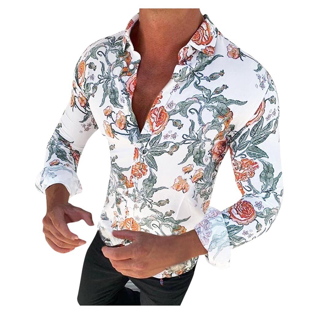 chemise à fleurs pour hommes à manches longues chemise décontracté Rose fleur 3d imprimé col rabattu chemise ajustée pour hommes vêtements: White  / XXL