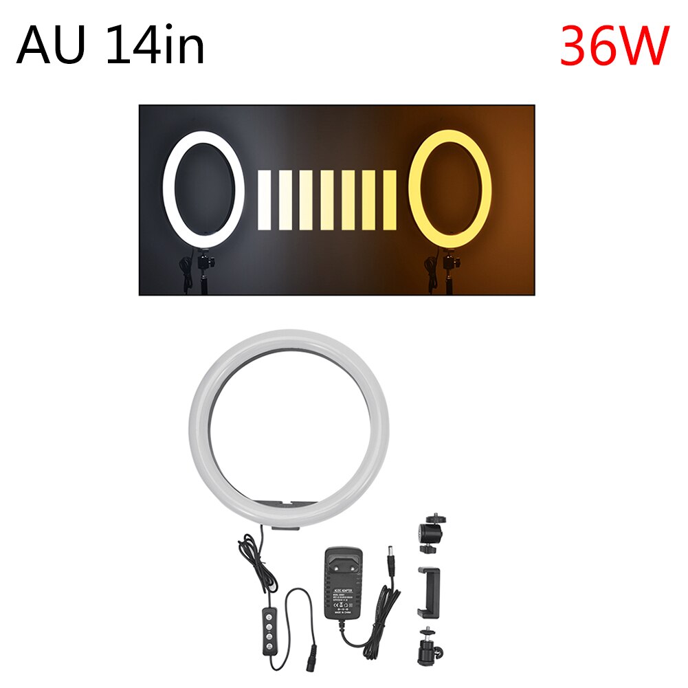 14" 5500K Dimmable LED Ring Light Diffuser MIRROR Stand Make Up Studio Dimmable Camera Phone Circle Led Selfie Ring: 14 AU