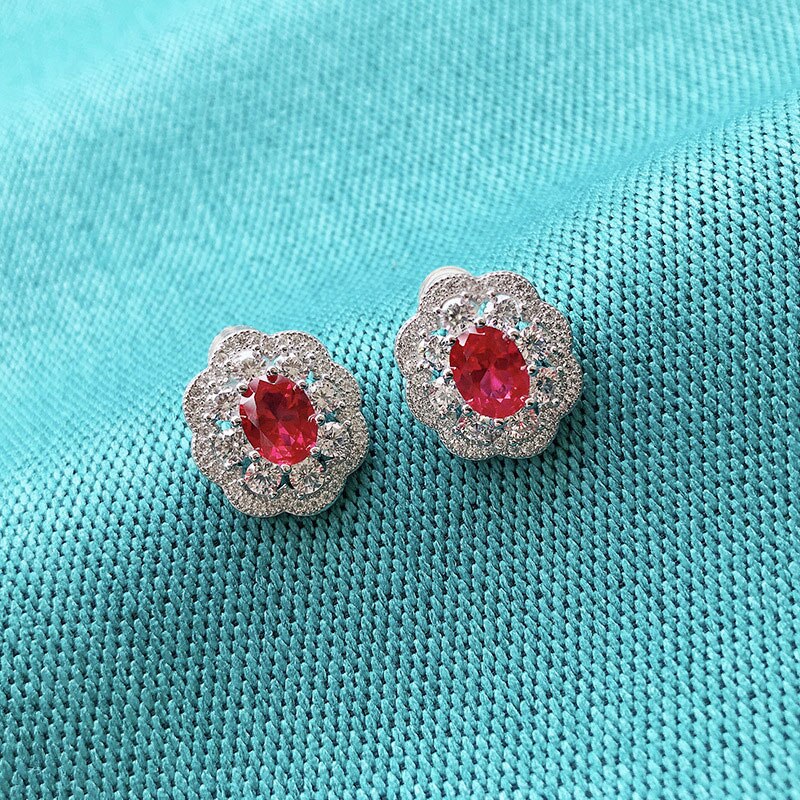 COLORFISH Solid 925 Sterling Silver High carbon drill Simulation Ruby Woman Ear studs Accessories