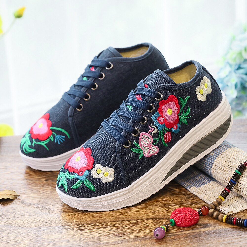 Veowalk Blumen- Stickerei frauen Leinwand Flache Plattformen Spitze hoch Damen lässig Komfort Turnschuhe Schuhe Frau Schlingpflanzen