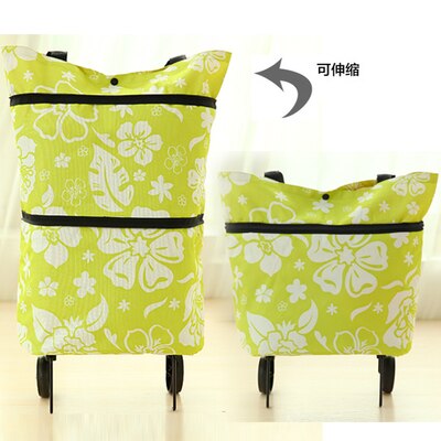 Collapsible Supermarket Bag, Cute Cartoon Sopping Bag + with Wheels Tote Food Market Cart Supermarket Trolley Bag