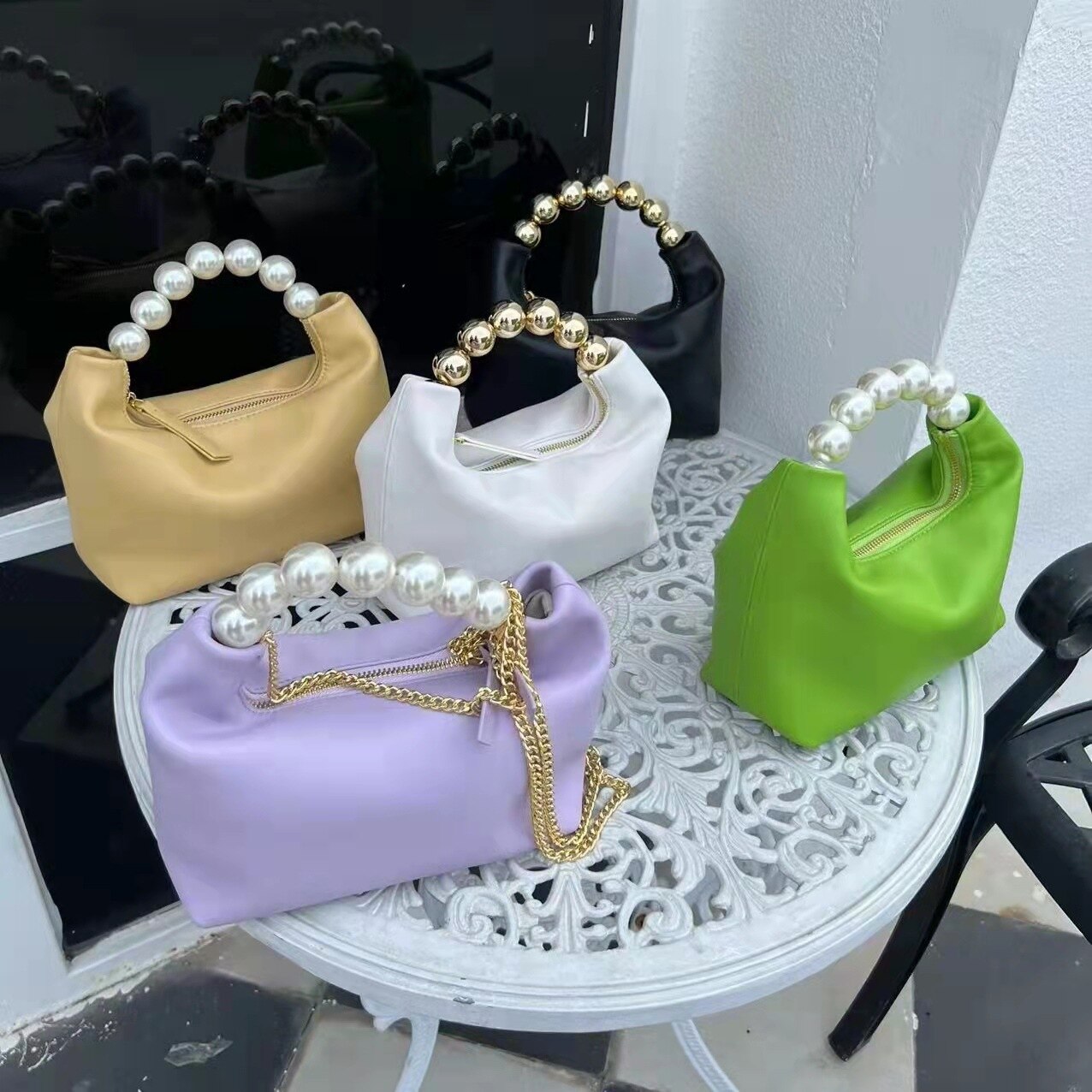 2022 Parel Kralen Handvat Handtas Paars Split Lederen Vrouwen Schoudertas Kleine Keten Crossbody Tas Yelllow