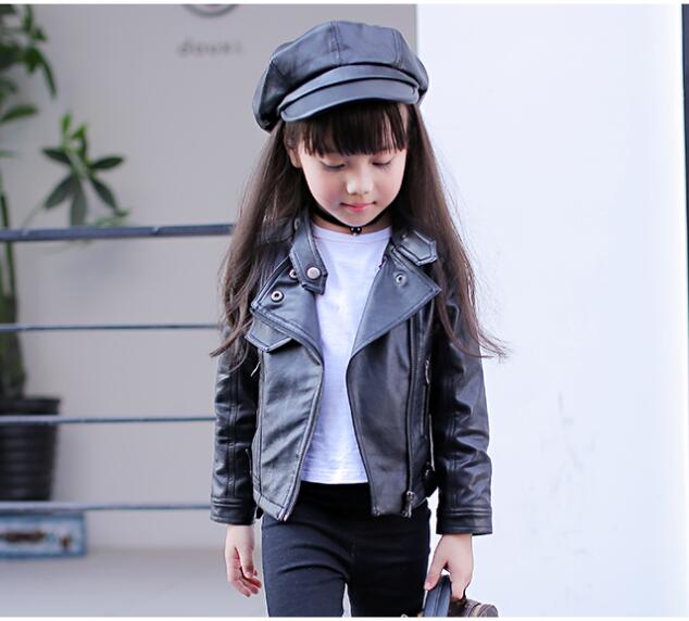 girls pu jacket rivet zipper cool jacket Leather clothing for girls 5-13 years oldClassic collar zipper leather motorcycle: black / 7T