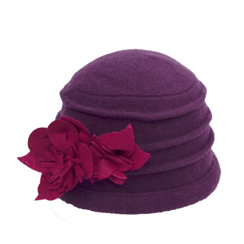 Winter Vintage Cloche Bucket Cap Women's Fedora Hat Ladies Wool Flower Hat Woman Party Headwear Chapeau Femme: purple