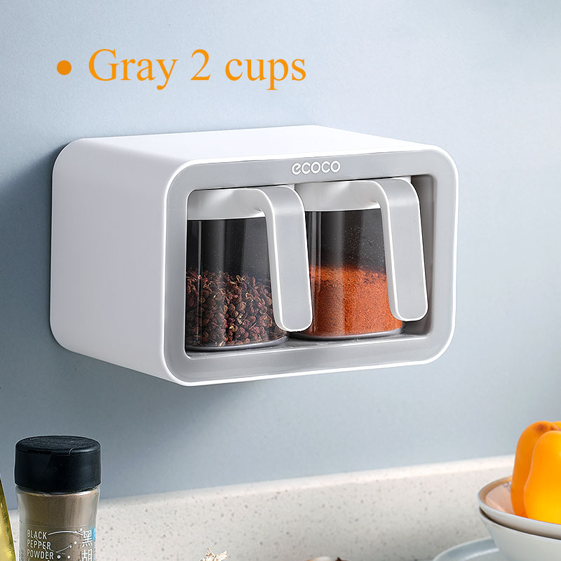 Kruiden Rek Muur Gemonteerde Opbergdoos Suikerpot Zout Shaker Kruiden Container Kruiden Doos Met Lepel Keuken Benodigdheden Set: Gray 2 cups