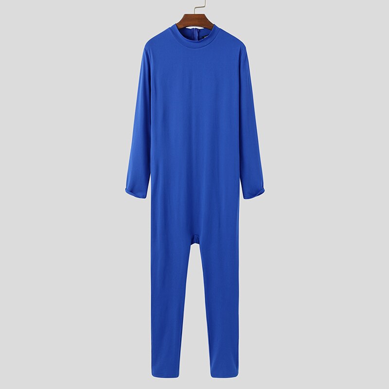 Incerun Mannen Jumpsuit Pyjama Lange Mouw O Hals Homewear Leisure Nachtkleding Soft Fitness Effen Kleur Mannen Rompertjes Nachtkleding S-5XL: Blue / L