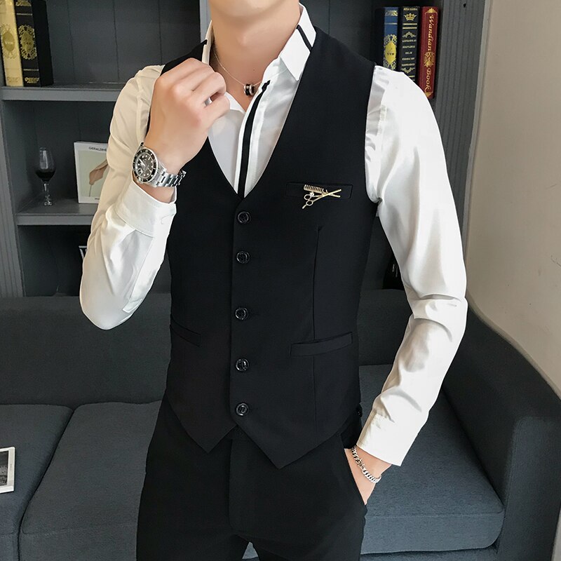 Wedding dress Vest man business men's waistcoat black slim fit classic formal suit vest men koream solid sleevess vests: Asian M(50-55kg)