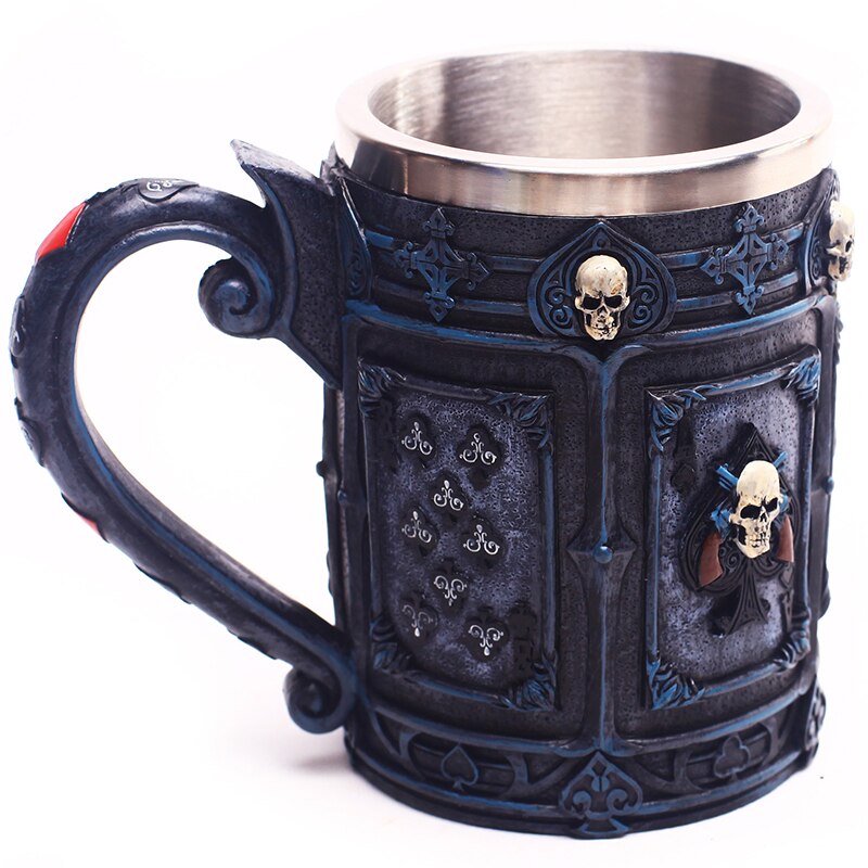 Skull Mug Poker Skull Maltese 3D Tankard 304 Stainless Steel Inner Punk Gothic Beer Mugs Cup Halloween Birthday 400mL