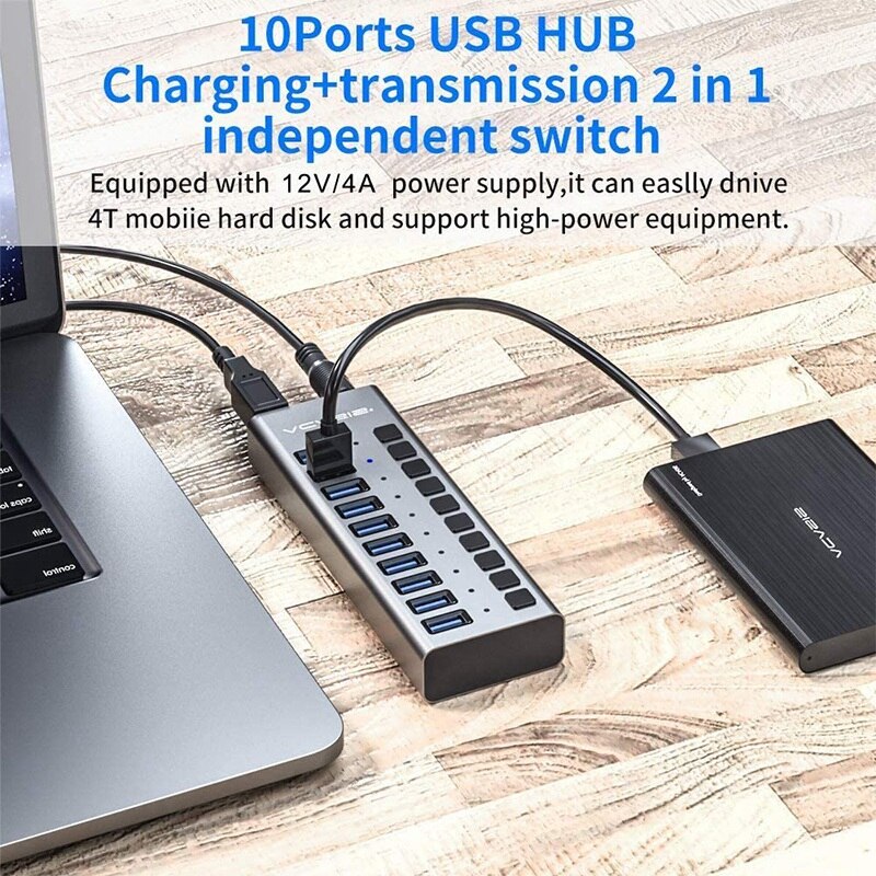 Acasis Usb Hub 10 Poorten 90W Usb 3.0 Data Hub-Met Individuele Aan/Uit Schakelaars Voor pc, computer, Hdd, Flash Drive-Us Plug