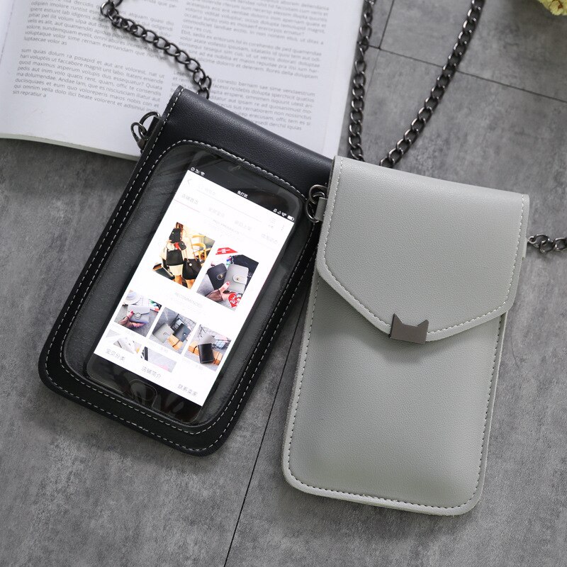 Bolso de teléfono móvil con orejas de gato para mujer, bolsa de mensajero con cadena, con solapa pequeña, estilo Retro, Simple, con pantalla táctil,