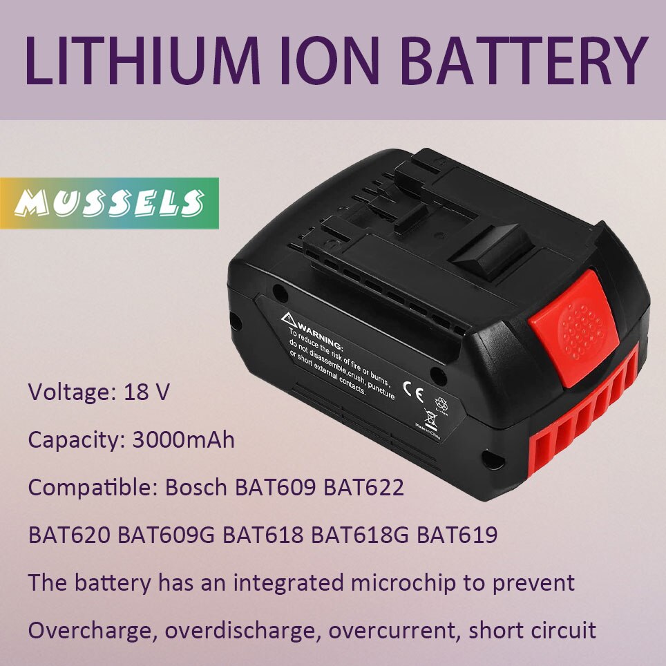 Bosch 18V Batterie Lithium ion Compatible avec BAT609 BAT622 BAT620 BAT609G BAT618 BAT618G BAT619 BAT619G BAT610G