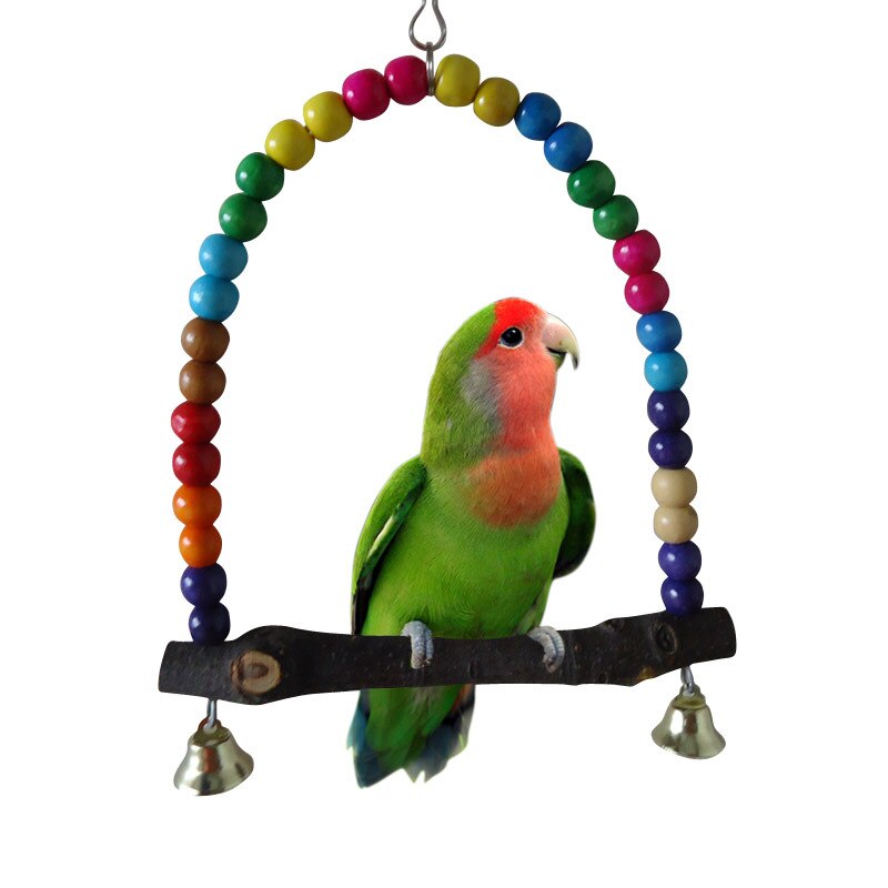Bird Training Toys Parrot Swing Stand Natural Wooden Bird Cage Accessories Perch Hanging Swing Colorful Beads Bells Pet Supplies