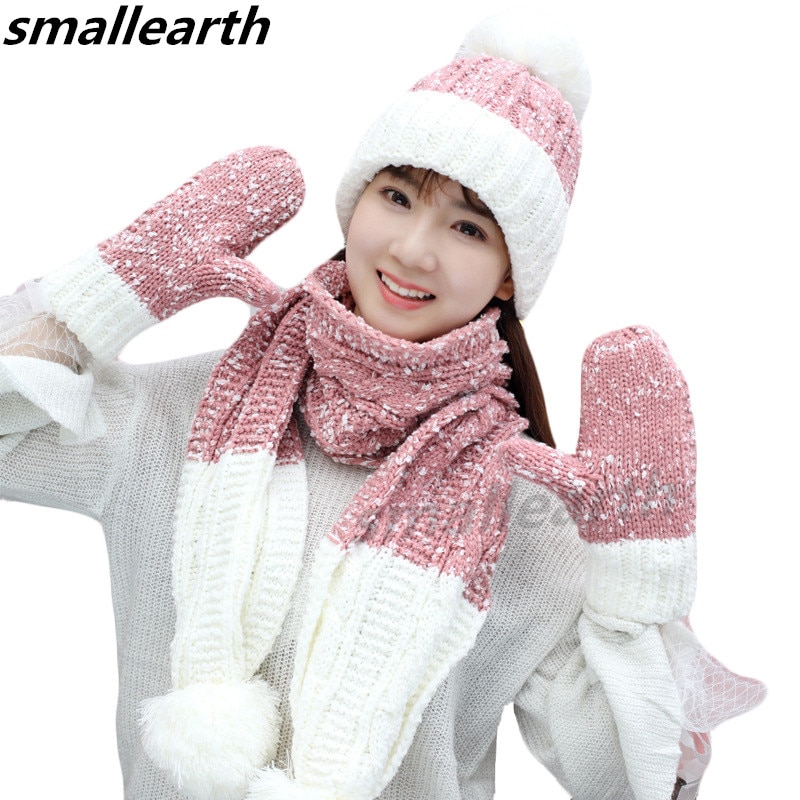 Conjunto de 3 piezas de gorros, bufandas y guantes de invierno para mujer, accesorios de invierno de punto grueso para niña, conjuntos de gorros, bufandas y guantes para mujer.