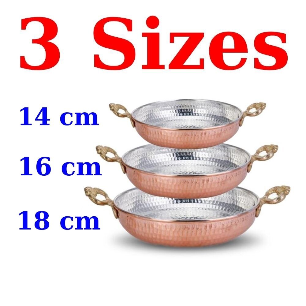 Sahan Pan Copper Skillet Traditional Turkish Egg Omelette Frying Cooking Cook Made Turkey Fryer Pot with Brass Handles Non-Stick