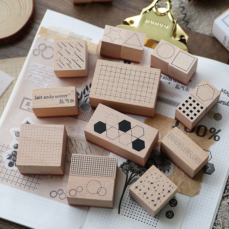 17 st/set vintage geometrisk rund rutnät stämpel diy trä gummistämplar för scrapbooking pappersvaror scrapbooking standard stämpel