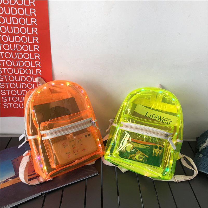 Pvc Waterproof Transparent School Bag With Light Backpacks Large Capacity Backpack Solid Clear Backpack