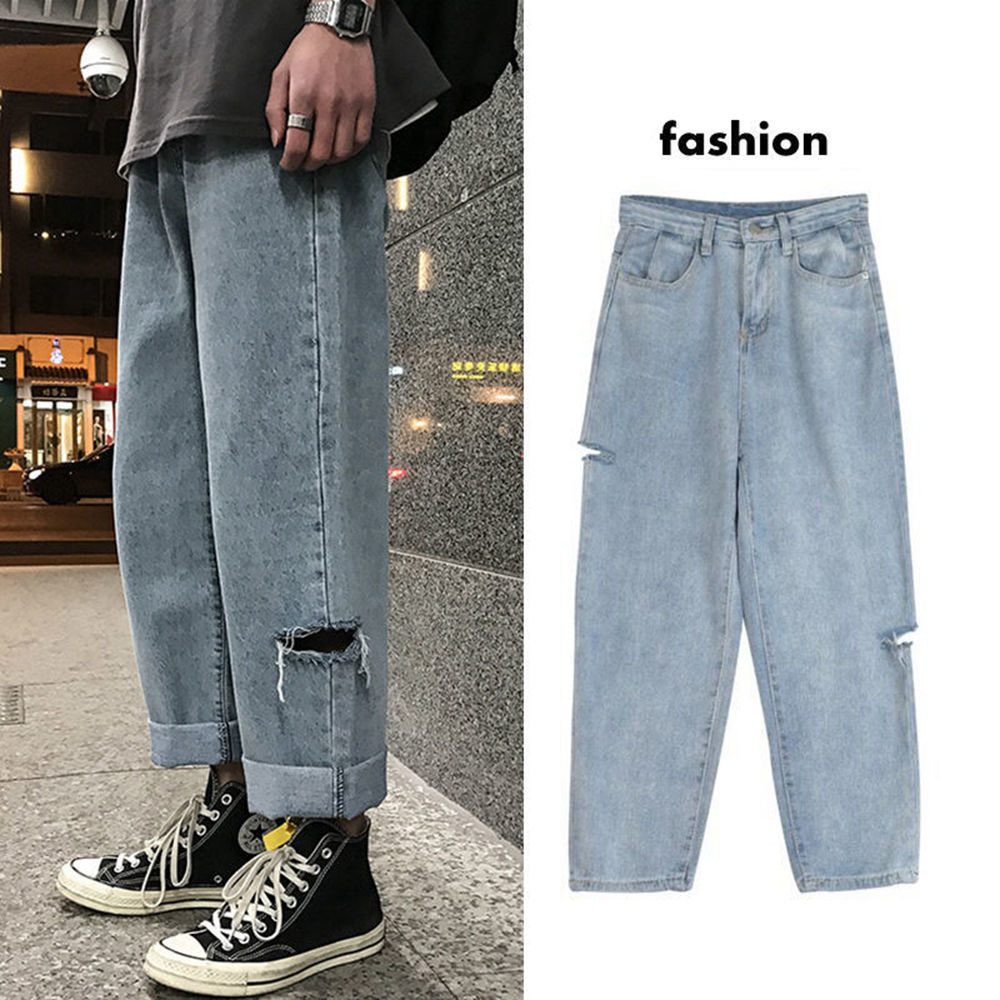 Męskie jeansy dzikie nogawki do kostek cienkie proste workowate spodnie rekreacyjne z dziurami spodnie jeansowe męskie wszystkie mecze stylowe Streetwear: 21664 / XXL