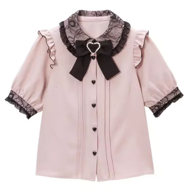 Blusas góticas de Lolita para Mujer, agradable arco con hombros descubiertos, camisa JK para chicas japonesas, Blusas elegantes con volantes de encaje y corazón de amor para Mujer: S / Castaño