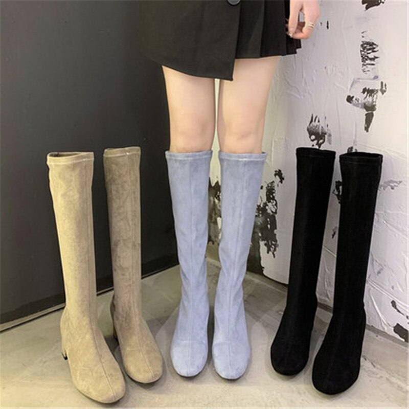 Kvinner lange støvler vårstøvler botas kvinnelige stretch flock slanke støvler sko kvinne svart grå beige roma knehøye støvler