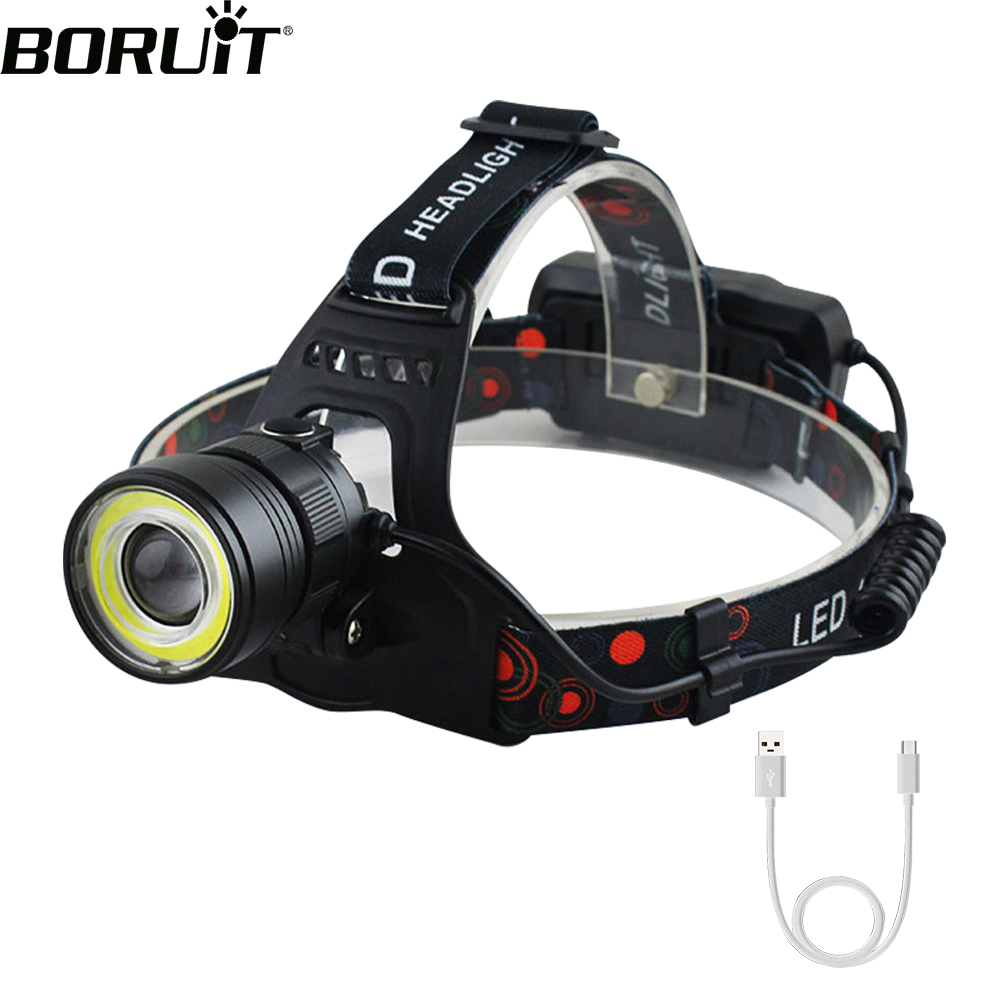 BORUiT-linterna frontal LED COB potente con zoom, recargable por USB, resistente al agua, para acampar, linterna de pesca