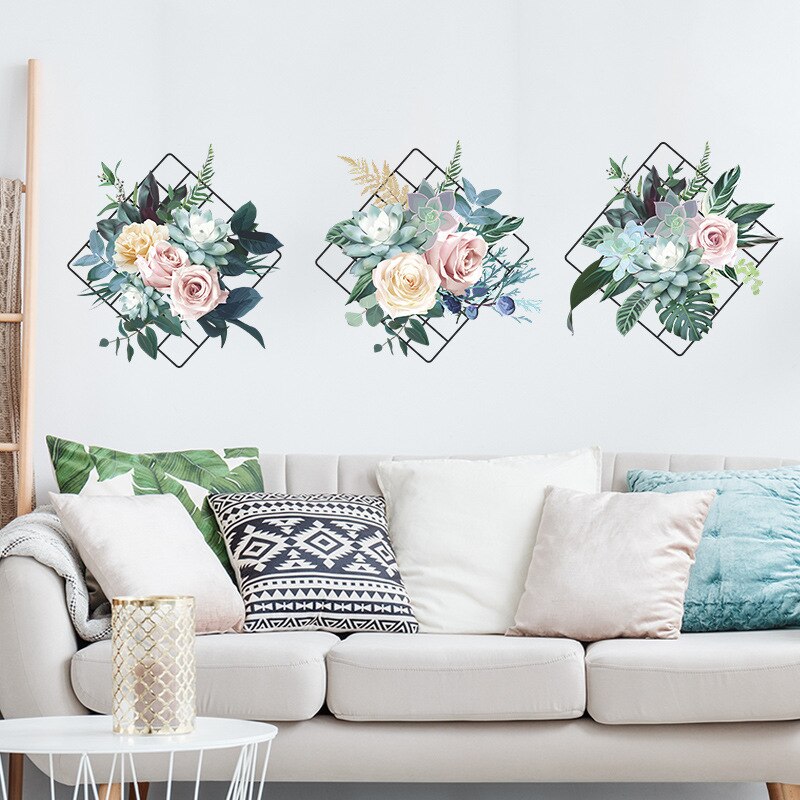 Grid Peony Flower Wall Sticker Living Room Entrance Bedroom Background Home Decoration Mural Wallpaper Plant Art Decals