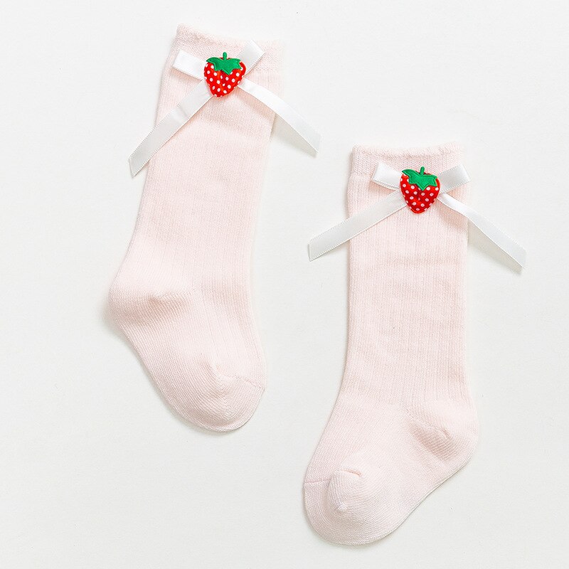 Calcetines largos hasta la rodilla con lazos para bebé, de algodón, Color liso, para primavera y otoño: pink