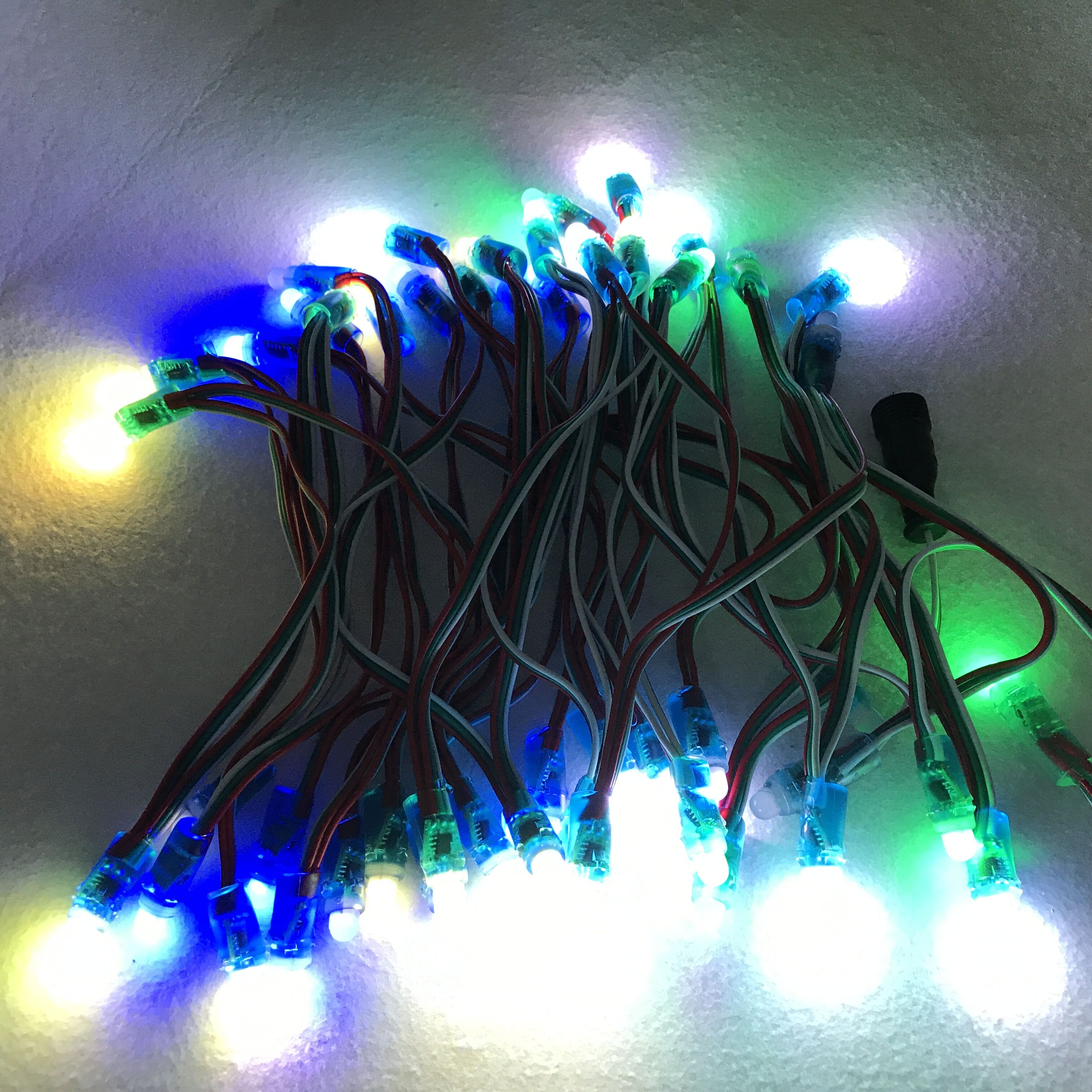 WS2811 DC5V 50nodes addressable LED pixel string;IP68;18cm wire spacing;RGB full color;24AWG wire;13.5mm waterproof pigtails