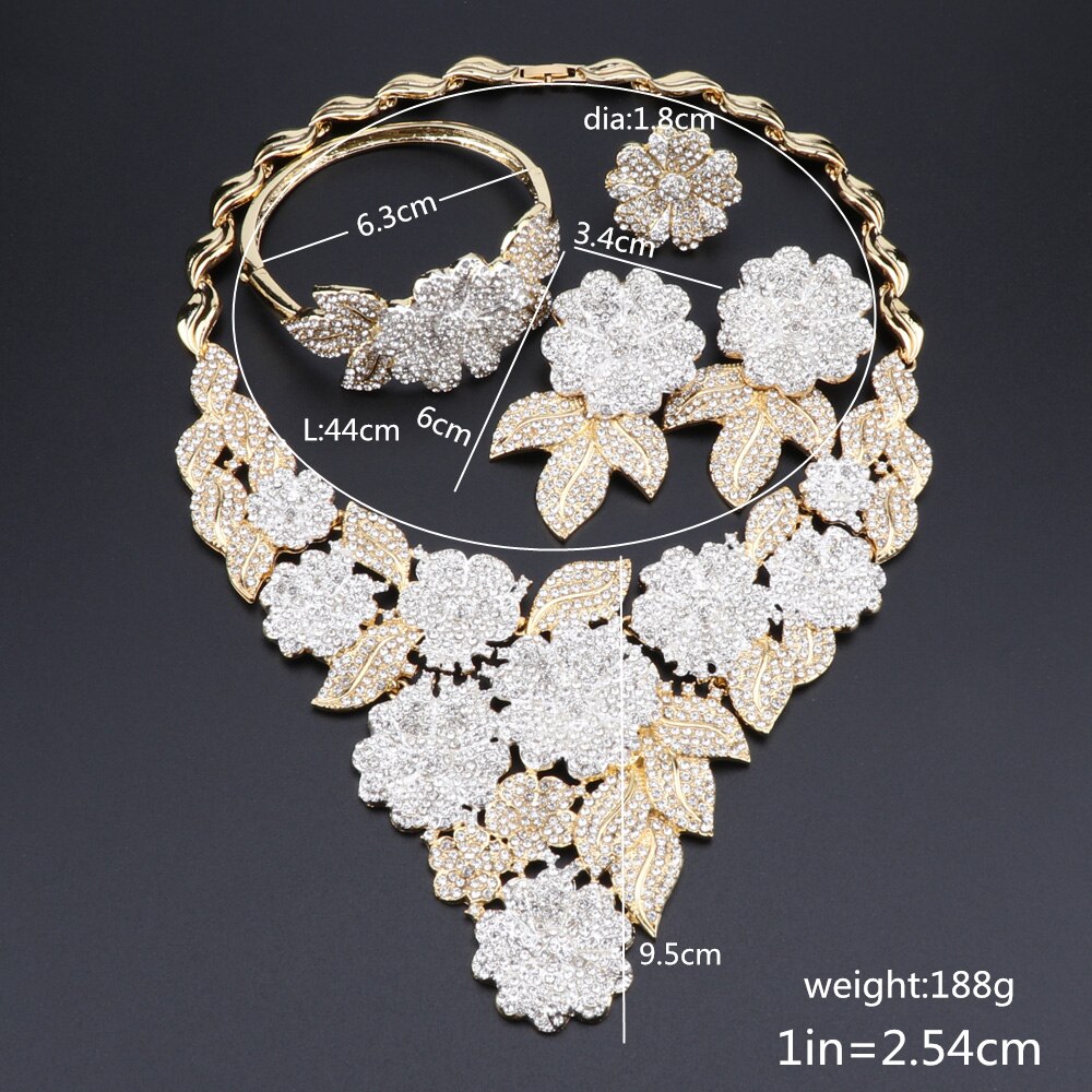 Nigérian mariage mariée africaine couleur or fleur en forme de bijoux ensemble Dubai cristal collier Bracelet boucles d'oreilles ensemble de bagues pour les femmes