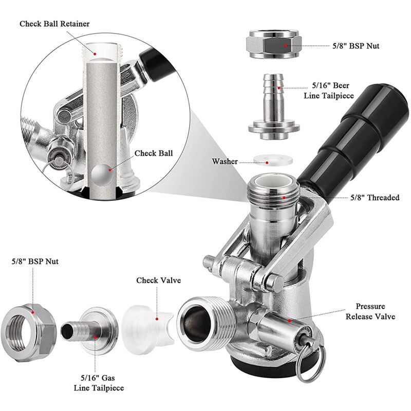 Beer Keg Coupler D System Sankey Coupler Keg Tap Stainless Steel Probe Chrome-Plated Body No-Leakage, Gas Check Valve