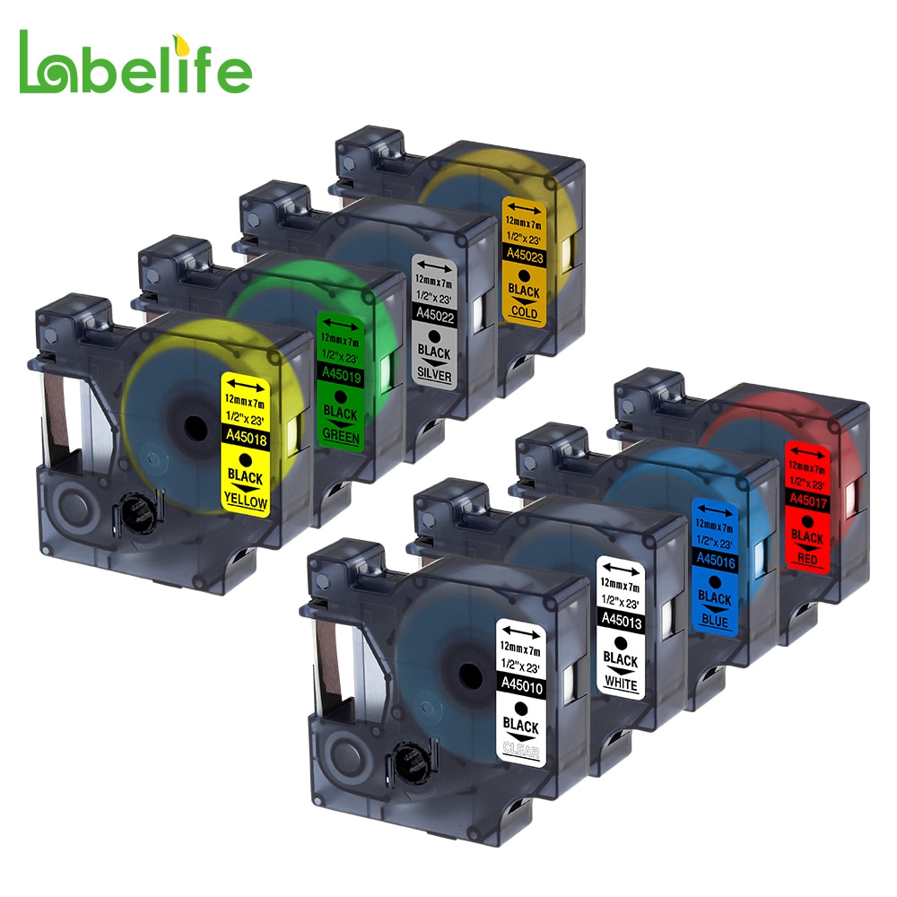 Labelife 8 Pack 12mm DYMO 45010 45013 45016 45017 45018 45019 45022 45023 Compatible DYMO D1 Label Tape for LableManager160 280