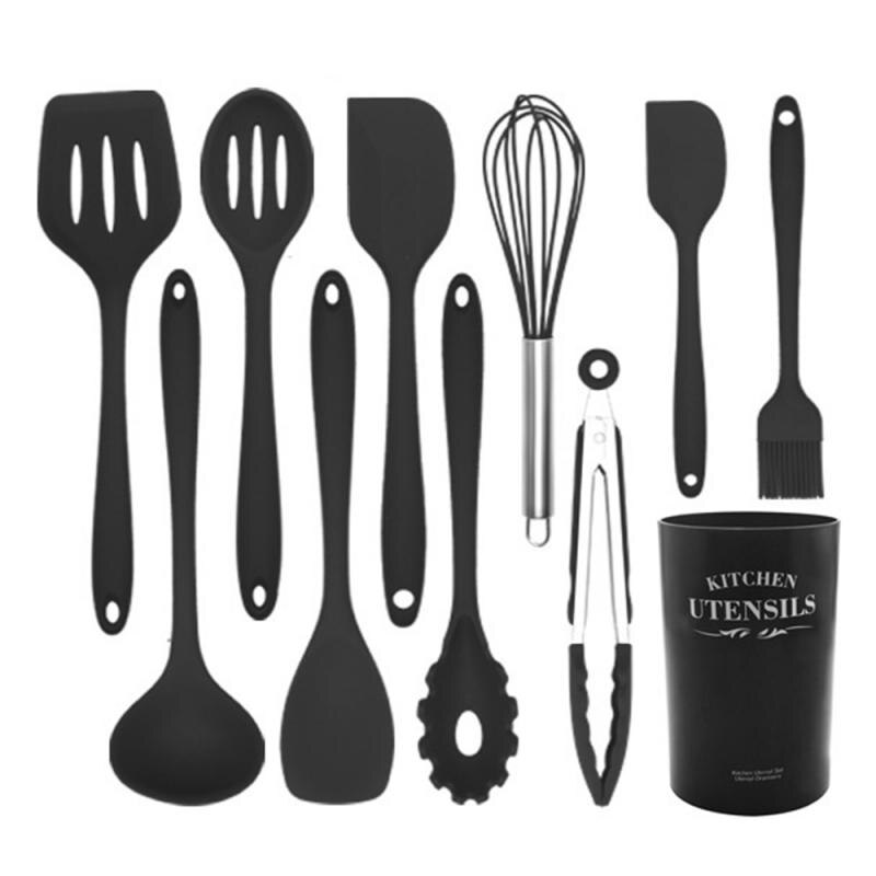 Silicone Cooking Utensils Kitchen Utensil Set Heat-Resistant Non-Stick Silicone Kitchen Utensils Cooking Tool Gadgets Sets: black 11set